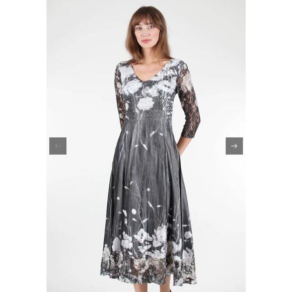 Komarov Abstract Floral Crinkle Charmeuse Lace Midi Dress Size M Romantic Fairy - Picture 1 of 16